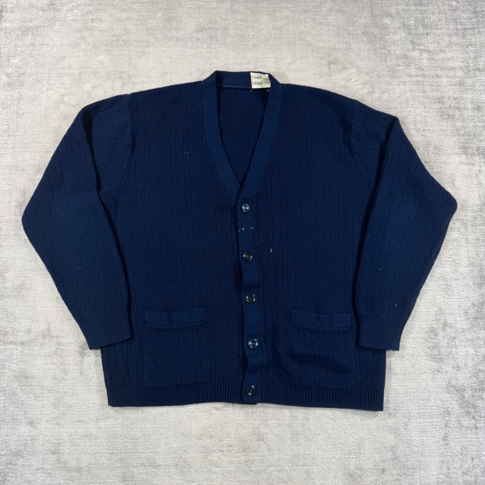 Vintage 70s Sweater Mens Large Blue Rib Knit V Neck Button Front Cardigan